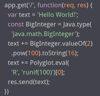 ruanyf's tweet image. Oracle 发布了一个很神奇的产品 GraalVM。我们知道，Java 最厉害的就是它的虚拟机JVM，现在这个虚拟机扩展成可以支持多种语言，不同语言都可以被它编译成字节码，然后运行。

因此，它能支持多种语言混写，JS 里面直接调用 Java 或者 Python（就像下图），照样编译运行。github.com/oracle/graal