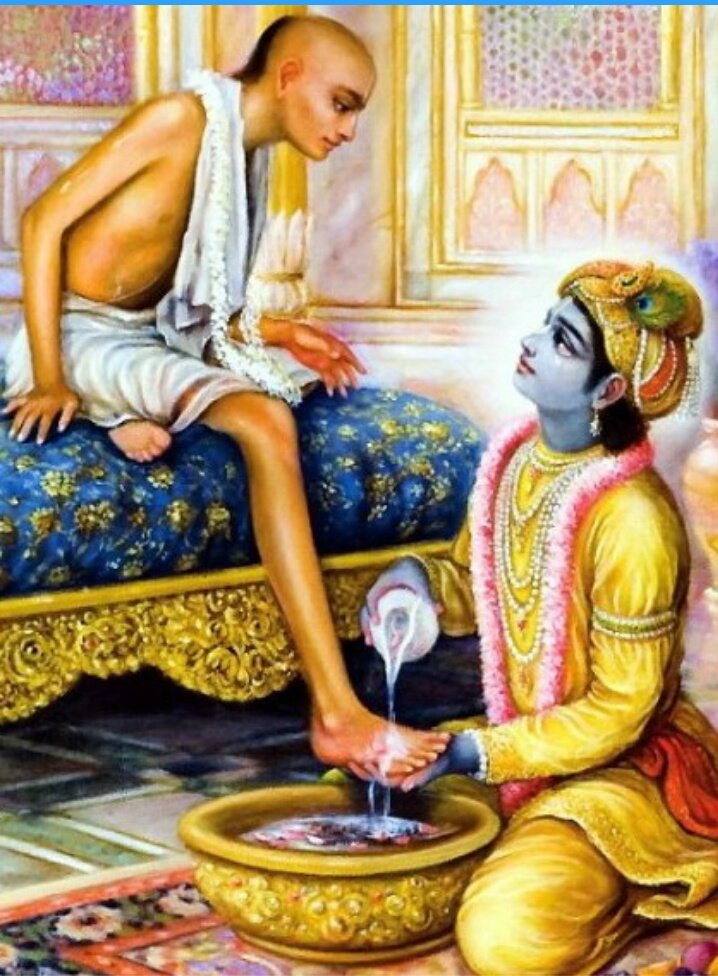 Lord Krishna met his childhood friend Sudama on the holy day of  #AkshayaTritiya and blessed him with endless riches!  Image of Krishna washing Sudama's feet by ISKCON.