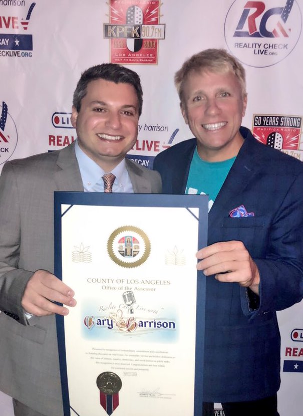 LACAssessor's tweet photo. Congratulations to public radio host and a dear friend, Cary Harrison, on the launch of “Reality Check Live!” Expect Cary and his guests to tackle truth decay with coast-to-coast fake news clinics. #RealityCheckLive @GoHarrison #KPFK @KPFK #TruthDecay #LACAssessor https://t.co/ZiiQAUMZIM