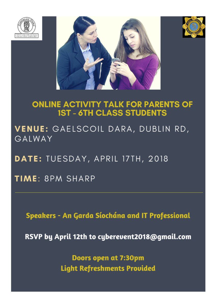 paddyblake17's tweet photo. GMIT Event Management were delighted to host a very interesting talk for parents in #GaelScoilDara in Galway with excellent speakers from @GardaTraffic and @lurtel about online safety training for their children being active online @GMITOfficial  @GMITTourismArts #events https://t.co/nnDody12ZH