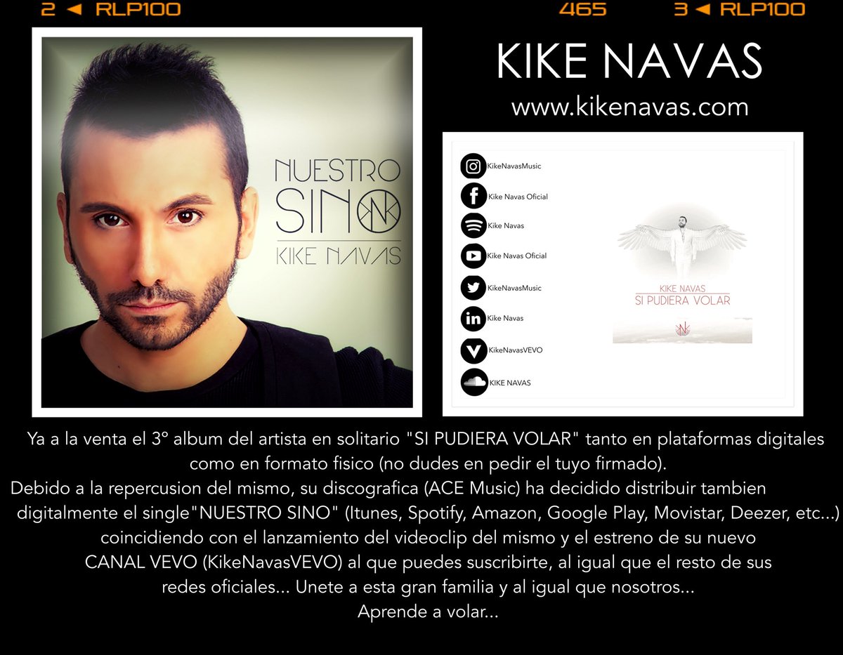 KikeNavasMusic's tweet photo. Seguimos caminando #vevo #KikeNavas #ESTRENO #videoclip #NuestroSino #nuevoalbum #SiPudierVolar @ace_musica @LandMOficial ¿Nos seguimos? https://t.co/NCdrgCuM19