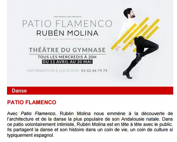 EmbEspFrancia's tweet photo. Tous les mercredis jusqu´au 30 mai au @TheatreGymnase "Patio Flamenco" de @molinaofficiel Rubén Molina https://t.co/KzTur5DuJ1 https://t.co/W2lKgHyYQP