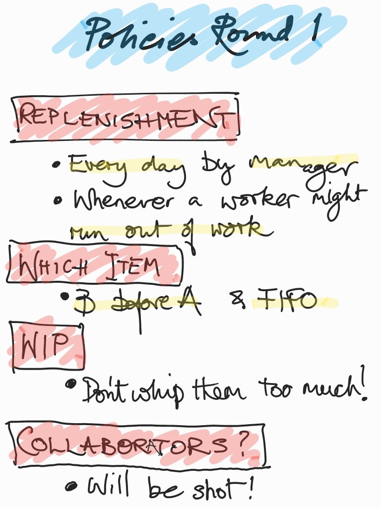 Policies from round 1 of the <a href="/OkaloaFlowlab/">OkaloaFlowlab</a> #Kanban simulation with <a href="/HUGEIO/">HUGE IO</a>:
WIP: Don't whip then too much (bad for morale)
COLLABORATORS: Will be shot!