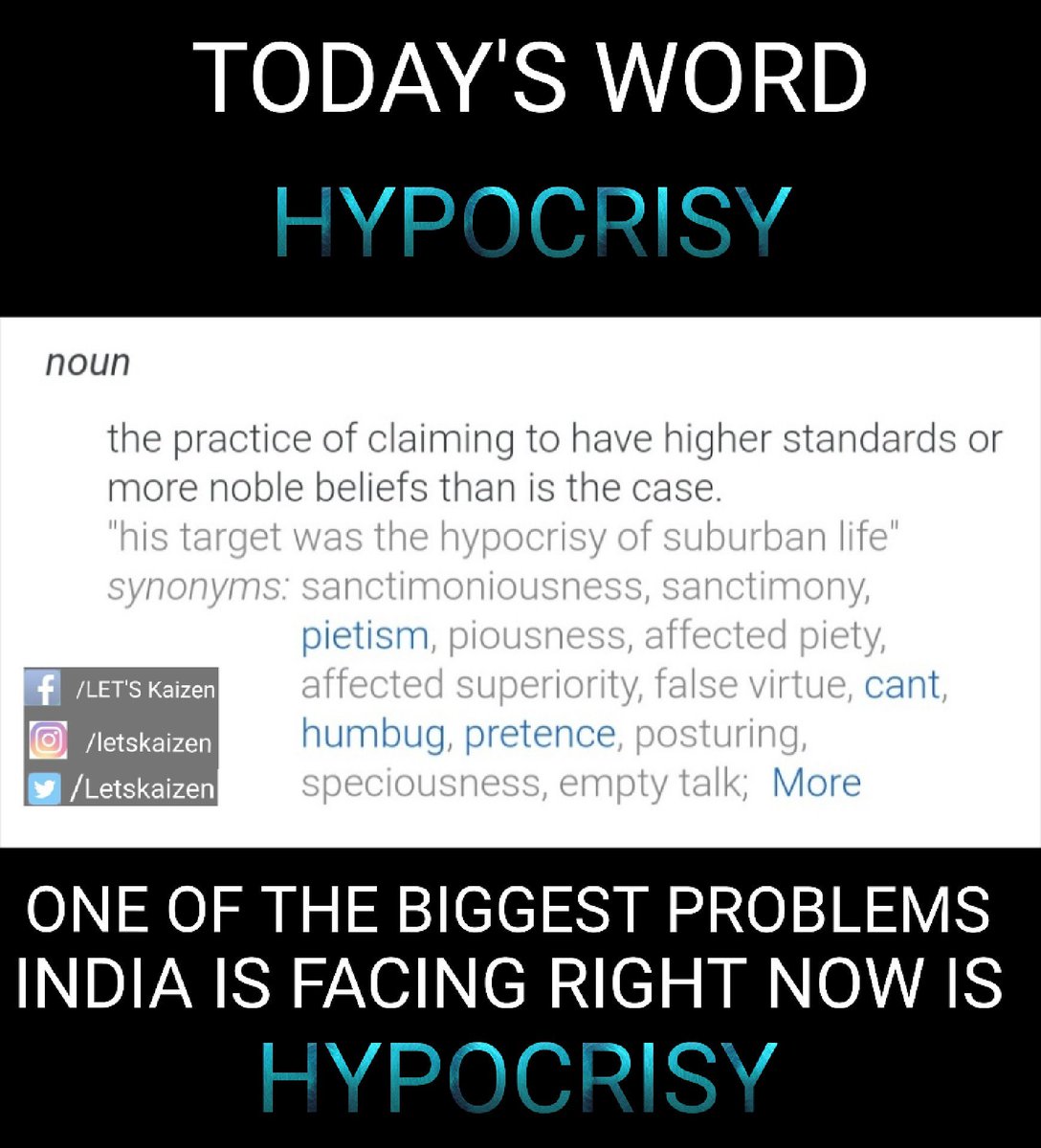 Letskaizen's tweet photo. Don't be a hypocrite... Practice what you preach....!!!!
.
.
.
.
.
#kaizen #kaizenmotivation #letskaizen #thekaizenway #instawords #instacolor #instalearn #vocabulary #vocabularyparade #vocab #instavocab #improve #improvement #learnwords #dailyupdates #todaysword #hypocrisy https://t.co/WIm4mJHXXp