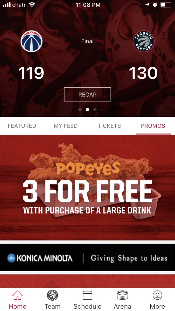 simonshinnok's tweet photo. For all mans who don’t know, when the raptors score 12 3s you can get a 3pc tender meal at Popeyes when you buy a large drink... so 2.50 for all daaaaat. You just gotta have the app #TorontoRaptors https://t.co/5SuG4aiO2Q