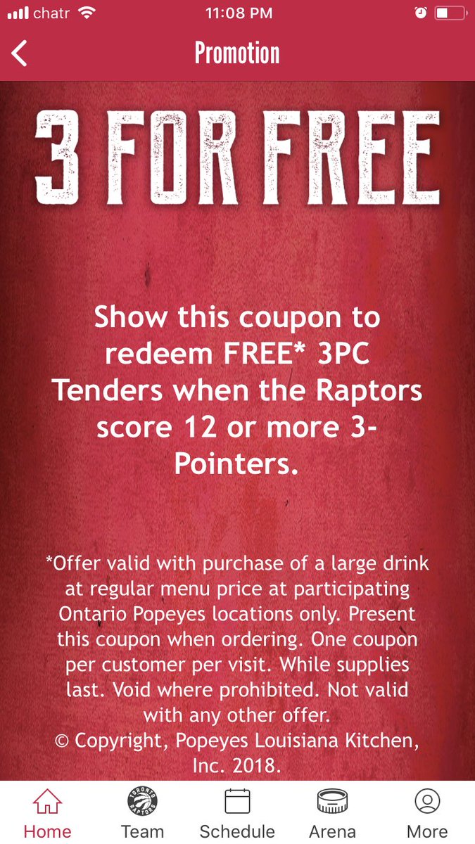 simonshinnok's tweet photo. For all mans who don’t know, when the raptors score 12 3s you can get a 3pc tender meal at Popeyes when you buy a large drink... so 2.50 for all daaaaat. You just gotta have the app #TorontoRaptors https://t.co/5SuG4aiO2Q