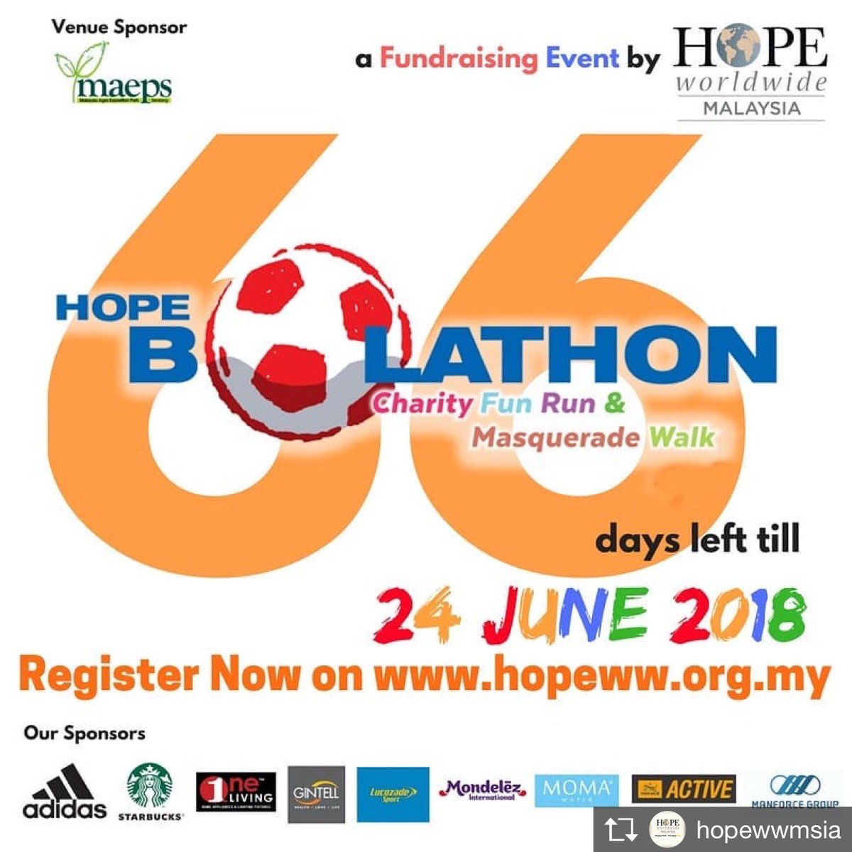 maepsserdang's tweet photo. Repost from @hopewwmsia 

66 days ONLY to go till 24 June 2018 to flag off our #BOLATHON Charity Fun Run &amp; Masquerade Walk at @maepsserdang 😎😎😎 Hurry and Register now on https://t.co/VAZJ1Vwtzo

#Countdown #68Days #24June2018 #MAEPS https://t.co/1U0bZlrFaB
