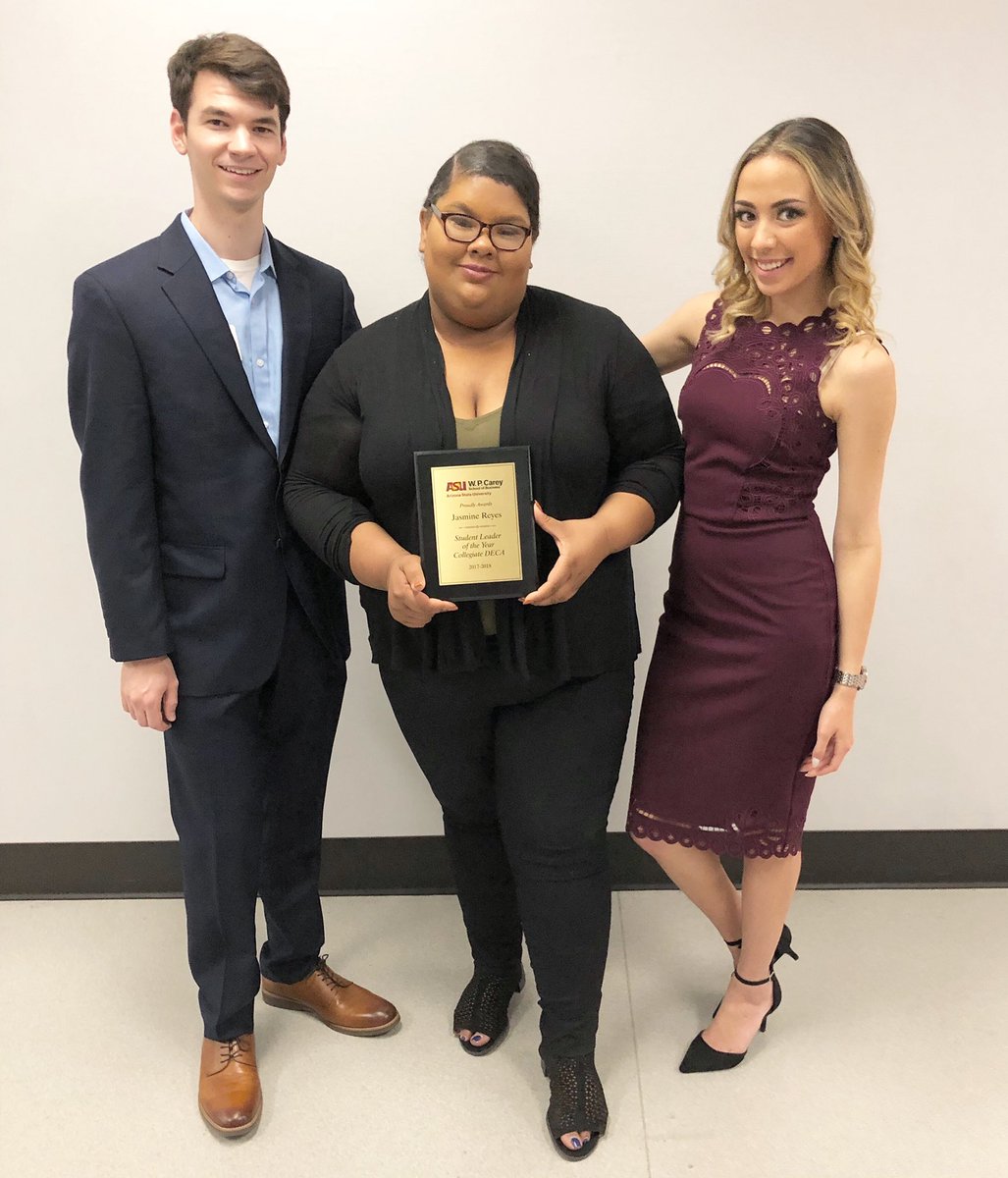 AZCollegeDECA's tweet photo. A few members of @asudeca had the honor to attend the @asubsc Banquet where Jazmine Reyes was awarded Student Leader of the Year! Congratulations to Jazmine on this stellar accomplishment! https://t.co/u4gbedsZ4A