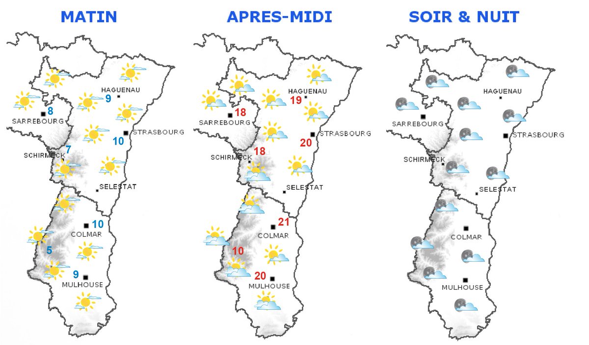 manutopmusic's tweet photo. #meteo #Atmorisk Soleil toute la journée. Matin : 10 à 13° Après-midi : 23 à 26°. La suite : Soleil avec des températures de 26° #Alsace https://t.co/aU2lnlELJU