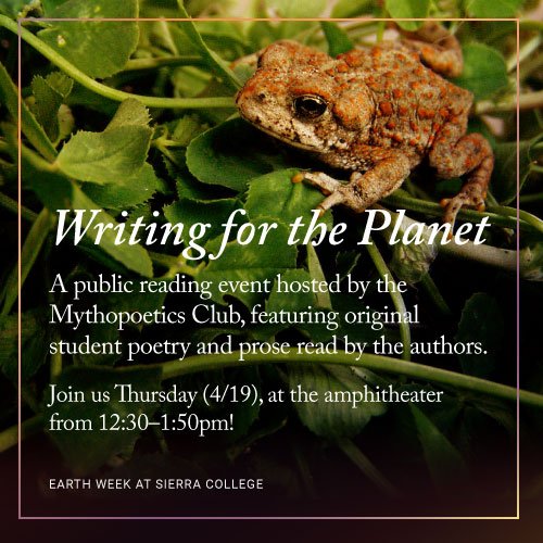 MythopoeticsSC's tweet photo. #EarthDay at @SierraCollege is underway! Stop by for good food, good events, &amp; good inspiration to save our awesome planet 🌎 Join Mythopoetics for a public reading event "Writing for the Planet" to hear poetry &amp; prose from students, this Thurs 4/19 @ the amphitheater 12:30–1:50 https://t.co/VbHxwuuLxD