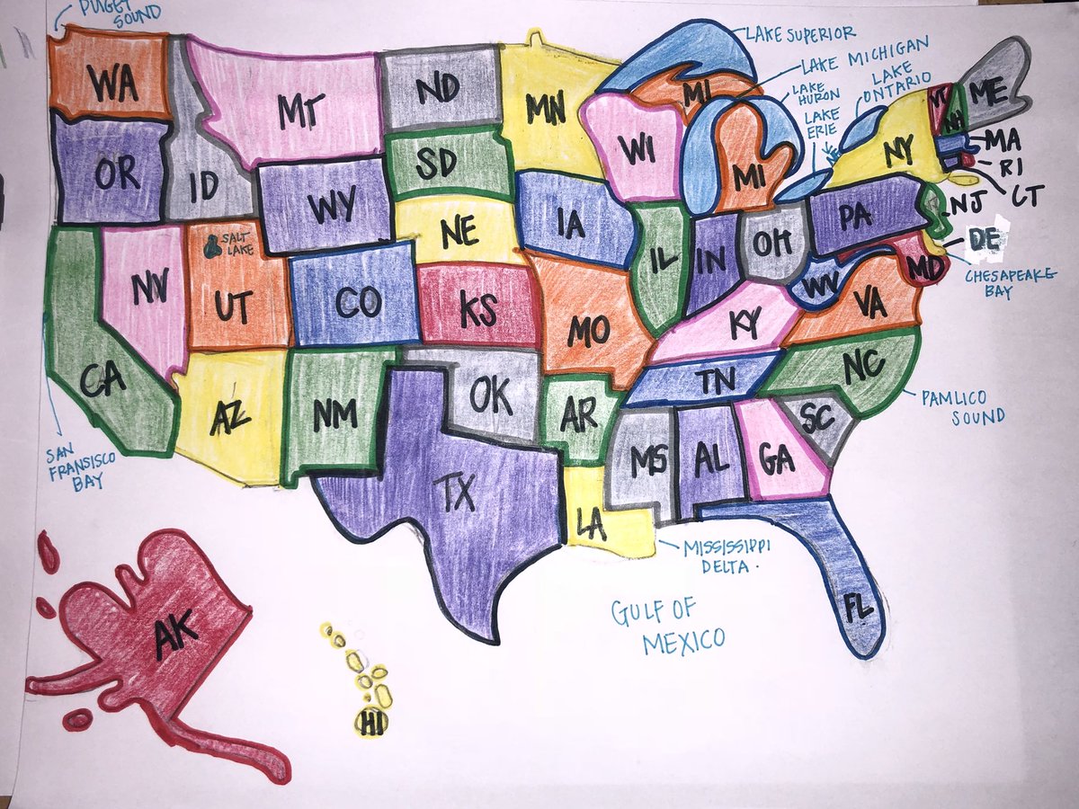texasmathteachr's tweet photo. Drawing the USA as close to scale as possible. Using #drawUSA by k12 Art. Totally freehand. Love this application of scale. #iteachmath #maths #msmathteacher #msmathchat #blobmap #educhat #elemmathchat https://t.co/U6DUqv6jDu