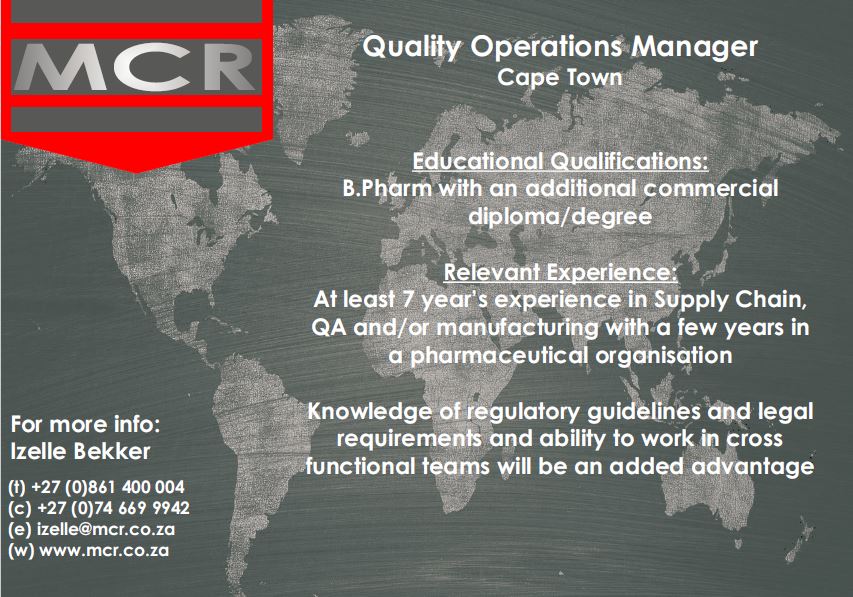 Excellent opportunity based in Cape Town. Please feel free to share! For more info email izelle@mcr.co.za

#pharmaceuticalindustryjobs #pharmajobs  #medicalcorporaterecruiting #mcr