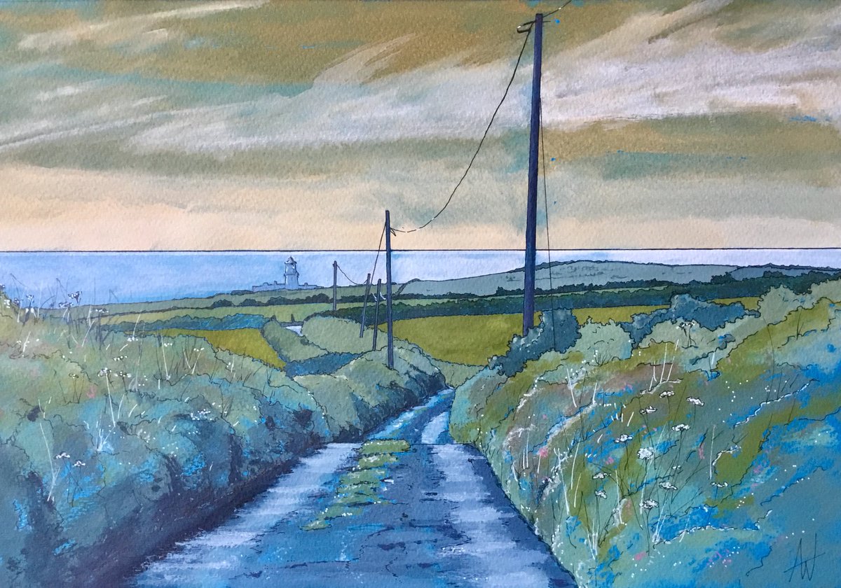 ’Nearly There’, quite lanes to a stormy headland. Horses grazing on the cliff tops and the rugged coastal path leading you away. #StrumbleHead #Lighthouse #BuildApril #Pembrokeshire #Wales #Cymru #coastalpath #sea #yearofthesea #art #painting #exhibition #StDavids