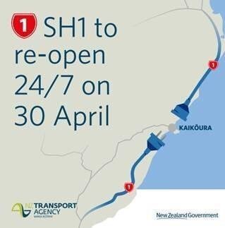 Jeaninious1's tweet photo. It’s official: from Mon 30 April 2018 State Highway 1 north and south of Kaikoura will re-open to traffic 24/7. This means you will be able to travel along SH1 anytime - day or night - between Picton and Christchurch. Bloody good stuff NCTIR! https://t.co/94DsgHwxhZ https://t.co/1VzU0s4g1W