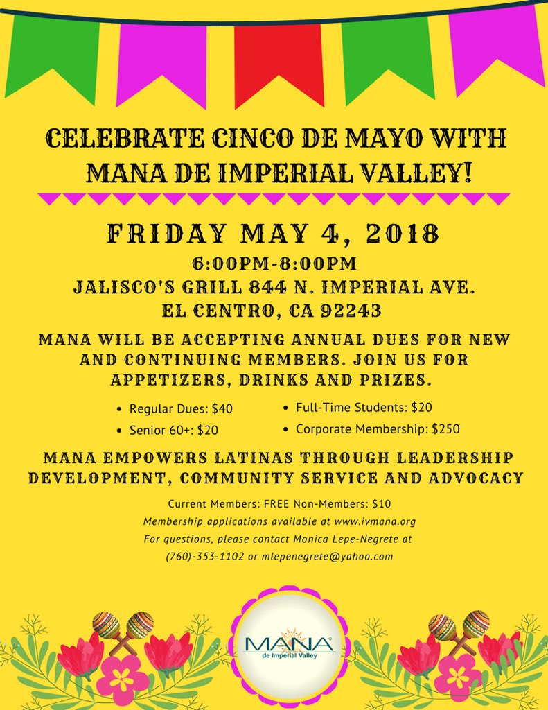 MANAde_IV's tweet photo. Come celebrate with MANA de Imperial Valley! If you are not already a member, please check out our website for more information on how you can be a part of MANA. You can also follow us on Instagram &amp; Twitter at manade_iv. Hope to see you all on May 4th 👋🏼🇲🇽 #manadeiv https://t.co/FvU1PJnl1P