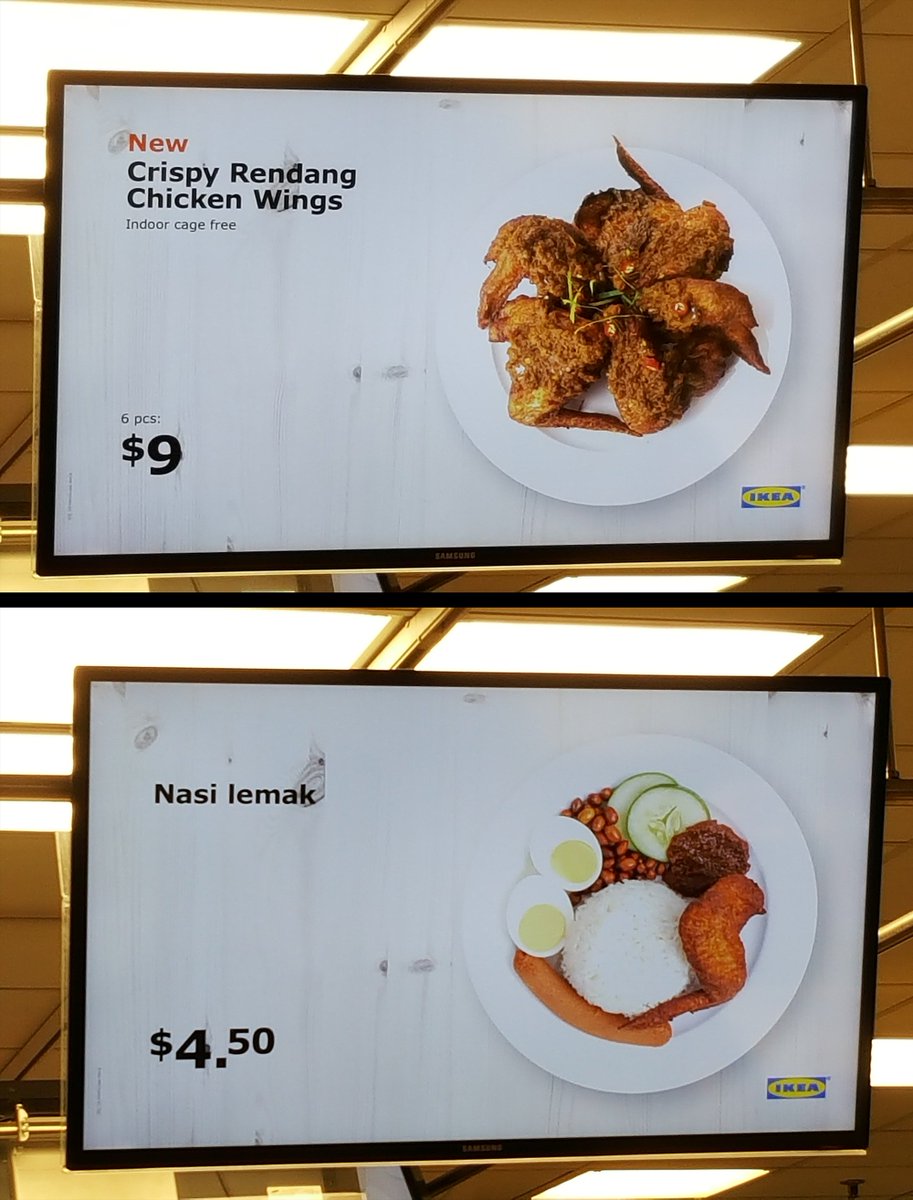 dermiej's tweet photo. One of the screens at IKEA cafe kept switching back and forth between these 2 items.
Snarky basturds.
#crispyrendang #rendang #nasilemak #masterchef #masterchefUK #chickenwings #ikea #ikeasingapore #ikeasg #crispychickenrendang https://t.co/tOfMvDlbU7
