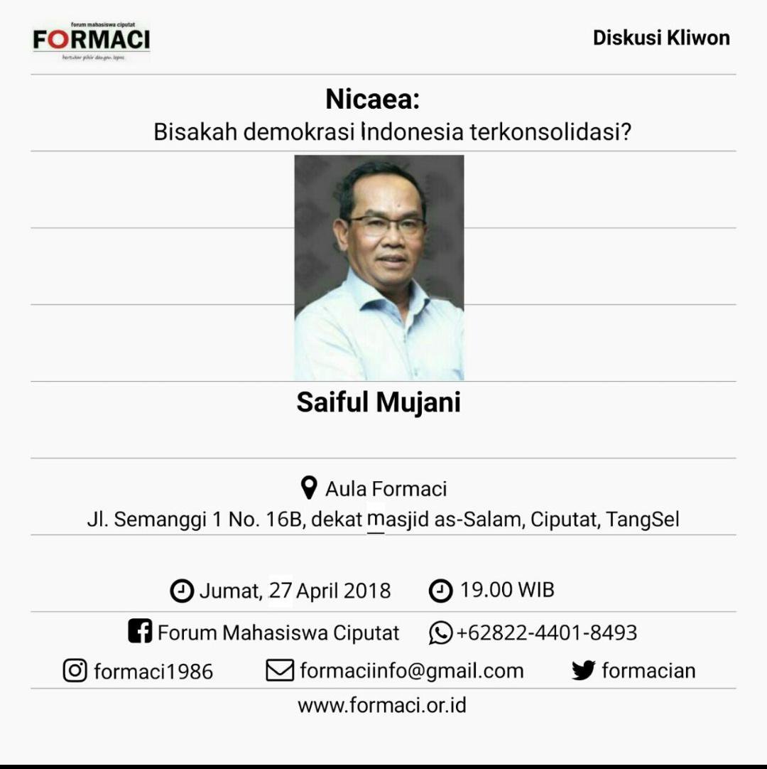 formacian's tweet photo. Jadwal diskusi diundur, pada tanggal 27 April mendatang.
Diskusi kliwon bersama @saiful_mujani 
Di Aula Formaci, Ciputat, Tangerang Selatan. https://t.co/cDTSC9frdr