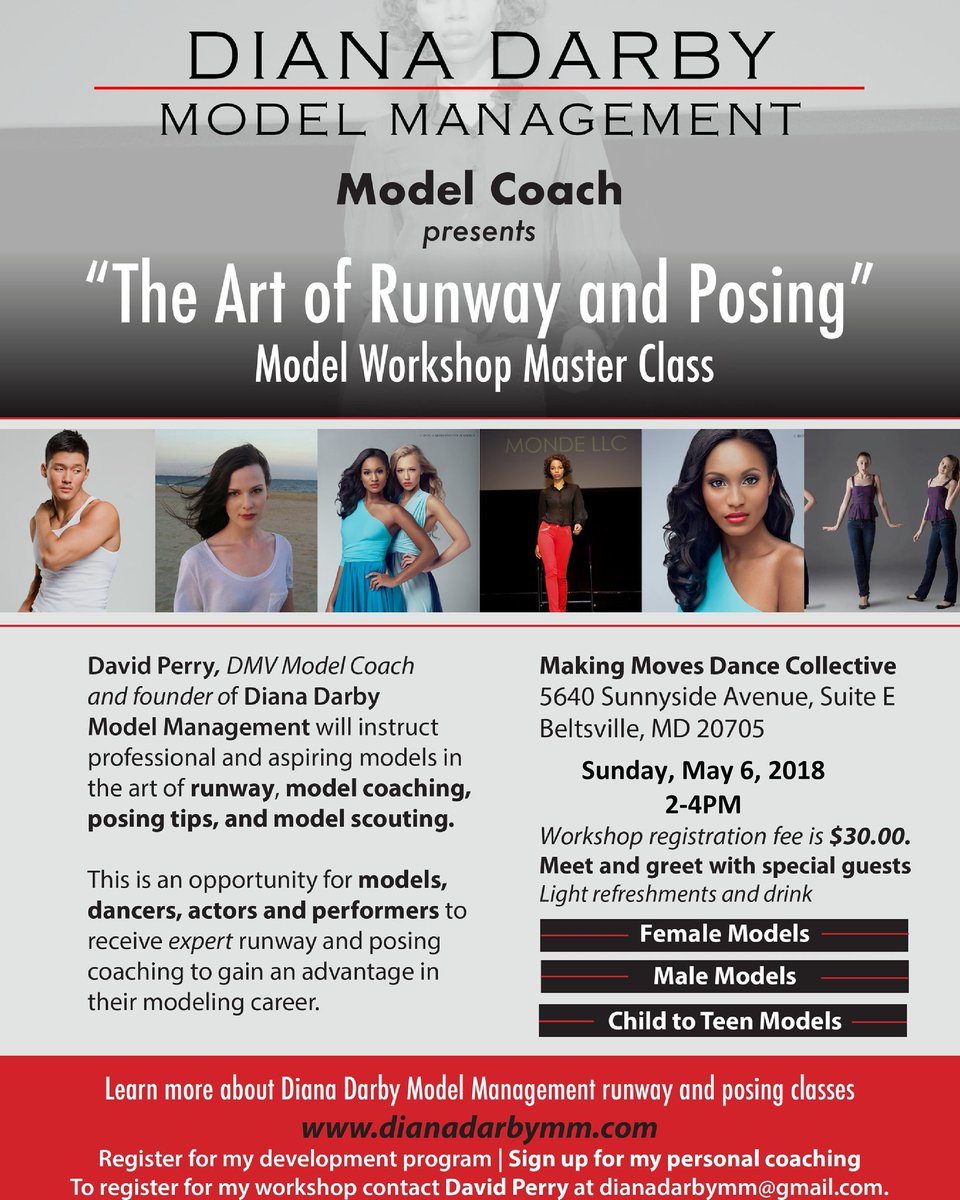 DianaDarbyMgmt's tweet image. #modelswanted for
#modelworkshop 
At @MakingMovesDC 
Sunday, May 6
2-4pm 

Contact dianadarbymm@gmail.com 

#models