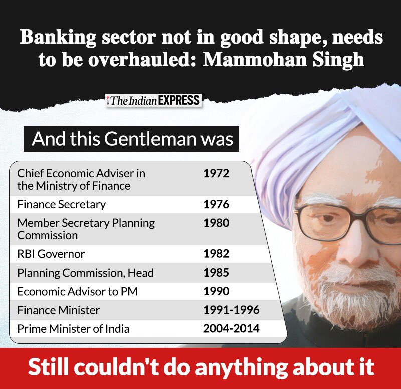 Dr Manmohan Singh should look at his own track record as someone who helmed key institutions over many decades and did precious little. When he says banking sector needs overhaul (which Modi govt knows and is working towards), is he reading his own report card?