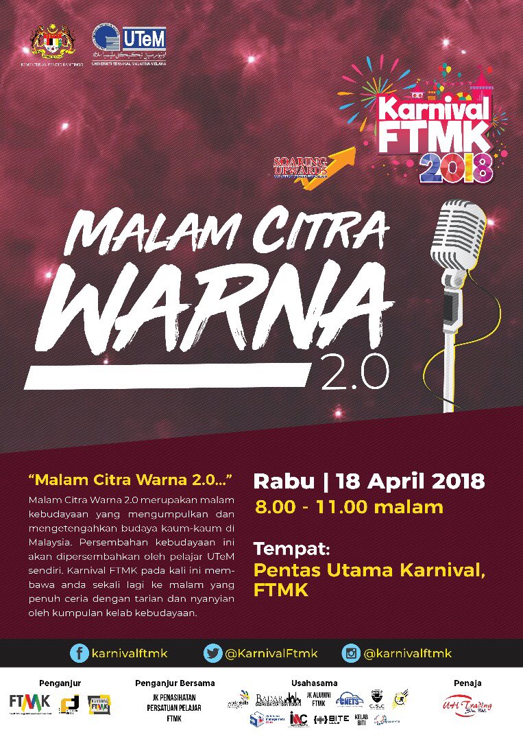 KarnivalFtmk's tweet photo. Ingin saksikan pelbagai persembahan kebudayaan? Jom datang beramai-ramai ke Malam Citra Warna 2.0. Jumpa anda di sana! 🧕🏻👲🏻👳🏻‍♂️

Like &amp; follow us at :

Instagram : @karnivalftmk
Twitter : @karnivalftmk
Facebook : karnivalftmk https://t.co/tZ7a0aDGNL