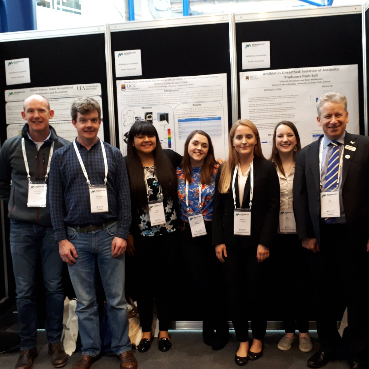 3rd year undergrads presenting research from antibiotics  unearthed project at micro soc conference in Birmingham last week.  Pictured with Prof Neil Gow, president of the Society.  Students left to right are Rebecca Quinlan, Katie McNamara, Deborah O'Sullivan and Kate Conway.