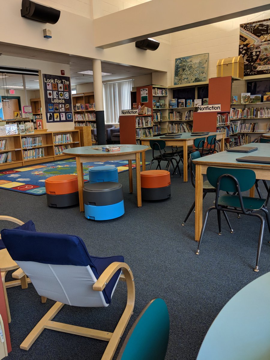 The library is looking great with the addition of more flexible seating options. Students chose the Oodle stools by <a href="/SmithSystem/">Smith System</a> for their movement and adjustable heights.