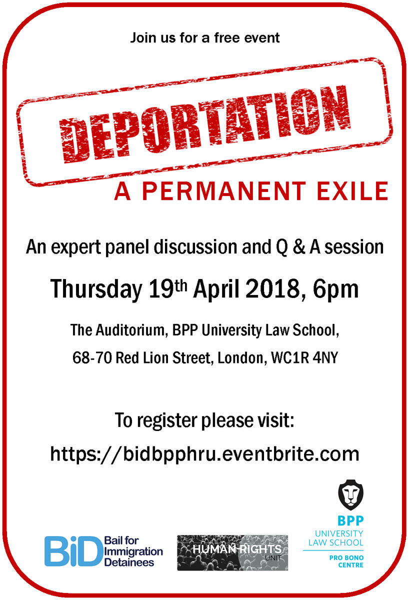 SocialImpactBPP's tweet photo. London Holborn, tomorrow, 6pm: @HumanRightsUnit  Deportation: A Permanent Exile https://t.co/phv13p96n0
