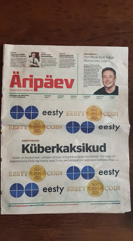 EestyCoin's tweet image. Estonian only business newspaper "Äripäev" published Eesty Coin info on the front page. Somebody use the same name:) Japan company put the same name to your own project:) This is good ads for us. Thank you "Äripäev":) @eestycoin #eestycoin #arcallia #wesavetheworld #inventors