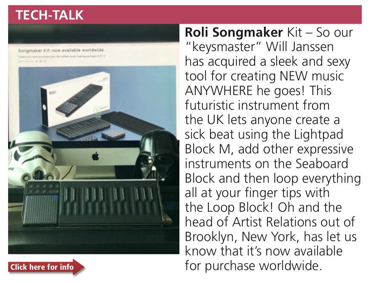 WJanssenMusic's tweet photo. Spotted in @InfusionMag this week is a “Box-Talk with @Boxtones” feature on my NEW @WeAreROLI Songmaker Kit!
If you haven’t tried one out, head to the #AppleStore 🍎🎹
#Roli #StartMakingIt #SongmakerKit #music #songwriter #equipment #instrument #media #press #StarWars https://t.co/gvafzbQ49j