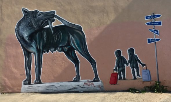 ManagerMatch's tweet photo. In this piece of Rome street art, Mauro Palotta (aka Maupal) depicts frustration with the Italian government as the Roman she-wolf that starves her sons, Romulo and Remo (representing Italy’s young professionals), who set off for other European countries: https://t.co/EcIQVQhWAp https://t.co/pV8TKixWJ2