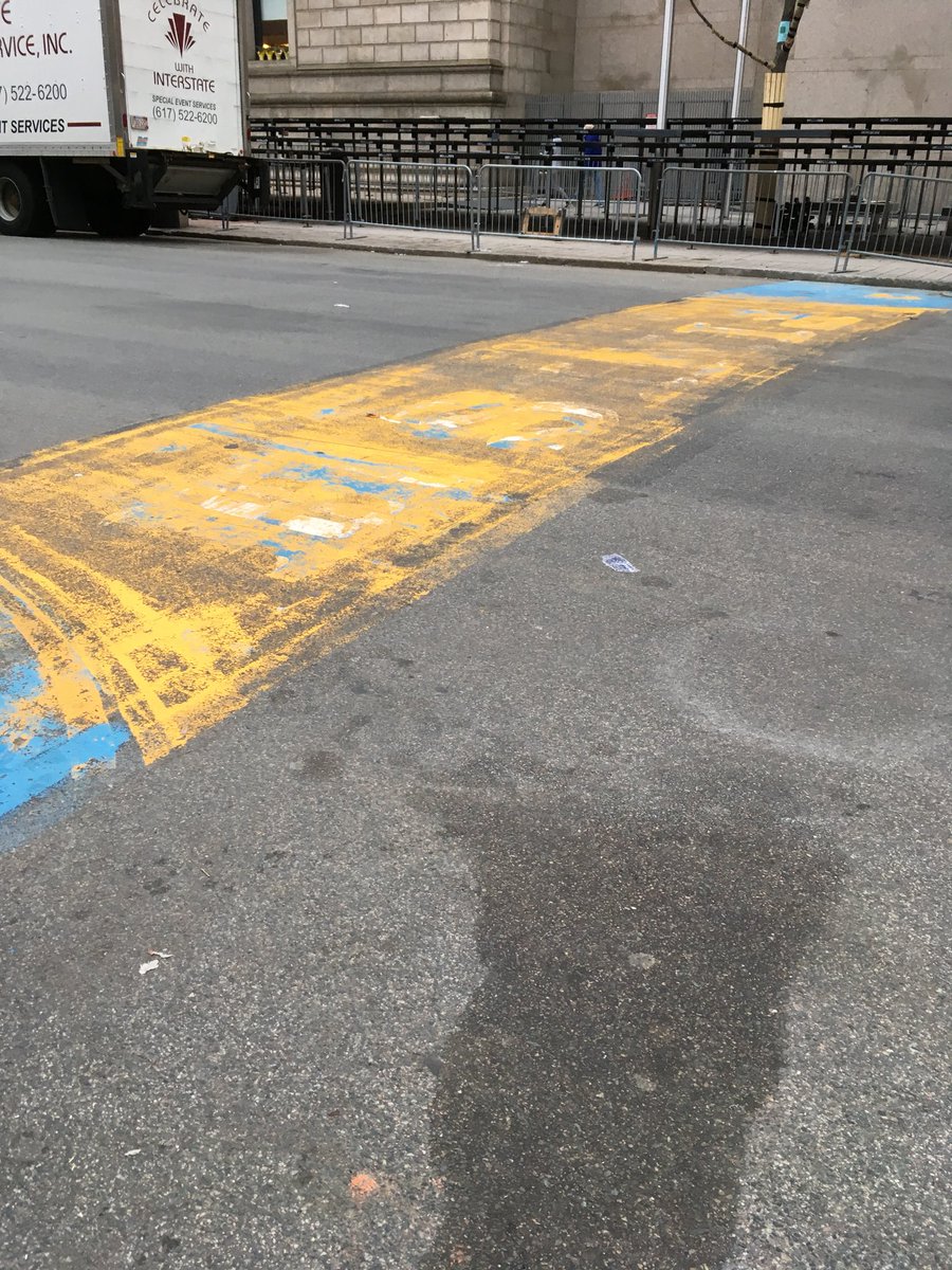 NormKendrick's tweet photo. <24 hrs after @bostonmarathon the finish line looks more like one of the local historic battlegrounds - because it kinda is! Number of finishers stopping to just take 1 more peek is impressive! #OrangeCoatsNotRedCoats #boston2018 https://t.co/6jUAOtK0Sz