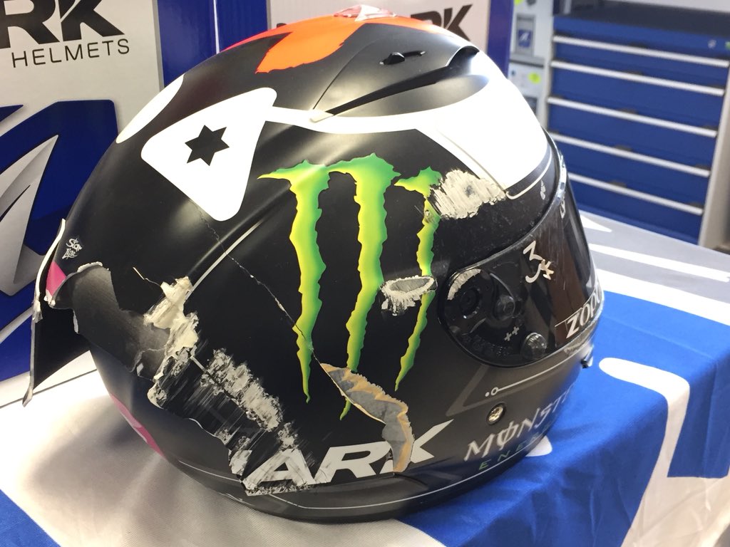 Looking round <a href="/shark_helmets/">SHARK Helmets</a> Marseille HQ with <a href="/MotoLegends/">Moto Legends</a>. Hearing ‘soft shell’ vs ‘hard shell’ helmet argument. If Jorge Lorenzo can walk off from the smash that did this, seems they have a point. Don’t think consumers aware of the issue, though.