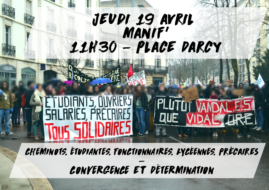 DijonDTR's tweet photo. #Dijon #manif19Avril 
Départ à 11h30, place Darcy!
#LoiVidal #cheminots #greveSNCF 
#GrevesBlocagesManifsSauvages https://t.co/VVE4jh0nWc