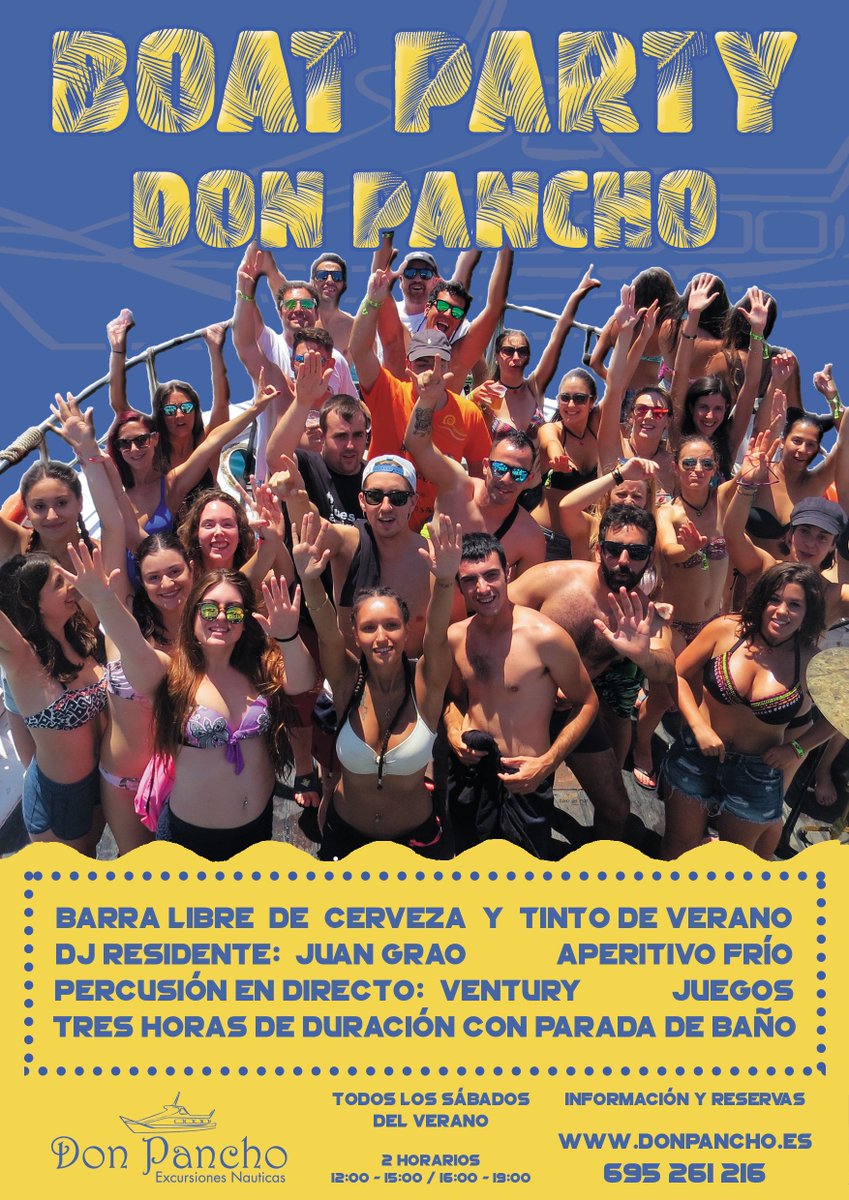 ¡Ya estamos aquí! 😁 🛳️🎊🍻🍷🥁
Estrenamos cartel de nuestras #BoatParty y te anunciamos que el sábado 19 de mayo celebraremos la fiesta de apertura de este 2018 👏👏👏
Entra ya en donpancho.es y échale un ojo 🧐 a la programación completa del verano 😉