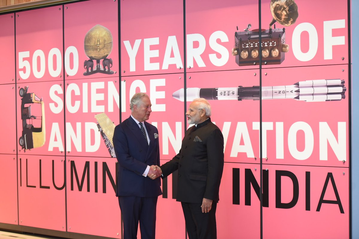 narendramodi's tweet photo. Witnessed the 'Illuminating India exhibition' at the @sciencemuseum, with The Prince of Wales. The exhibition showcases India’s rich history in science, technology and innovation. @ClarenceHouse https://t.co/j51ePci9lR