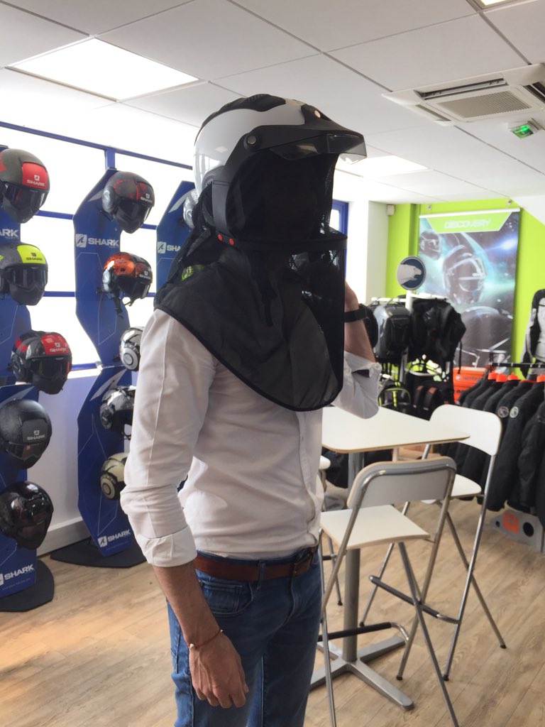 Love this - <a href="/shark_helmets/">SHARK Helmets</a> mosquito-proof crash helmet spotted on my tour of their Marseille HQ. Might ask <a href="/MotoLegends/">Moto Legends</a> to get one in for my next tour of the Highlands...