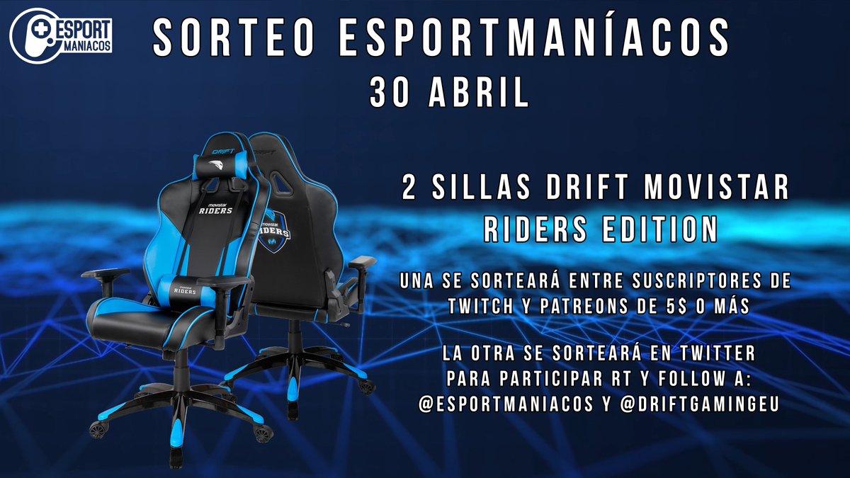 Esportmaniacos's tweet photo. ¡SORTEO! ¡SORTEO! ¡SORTEO! ¡SORTEO! ¡SORTEO! ¡SORTEO! 

¡Llévate una silla @DRIFTgamingeu edición Movistar Riders!

-Dale a RT
-Follow @Esportmaniacos 
-Follow @DRIFTgamingeu 

¡Y hay otro sorteo sólo para Subs! ¡Suerte a todos! https://t.co/O6ZBw1wrC8