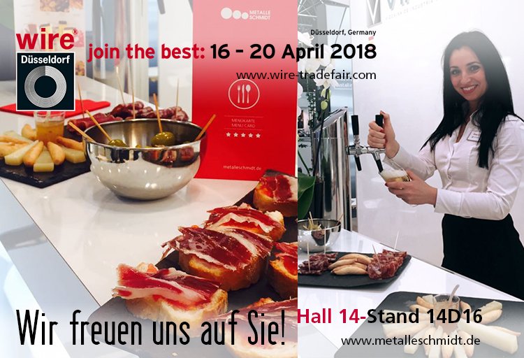 Metalle_Schmidt's tweet photo. Mehr
Day 3 at the @wireTradeFair  Metalle Schmidt team is ready to show you all about #wire and #strip. Come to our booth hall14 booth D16 and enjoy a cold beer with us! #wire2018 #wirehandlingsystems #stainlesssteel #draht #band https://t.co/7Q1ADHxzV2