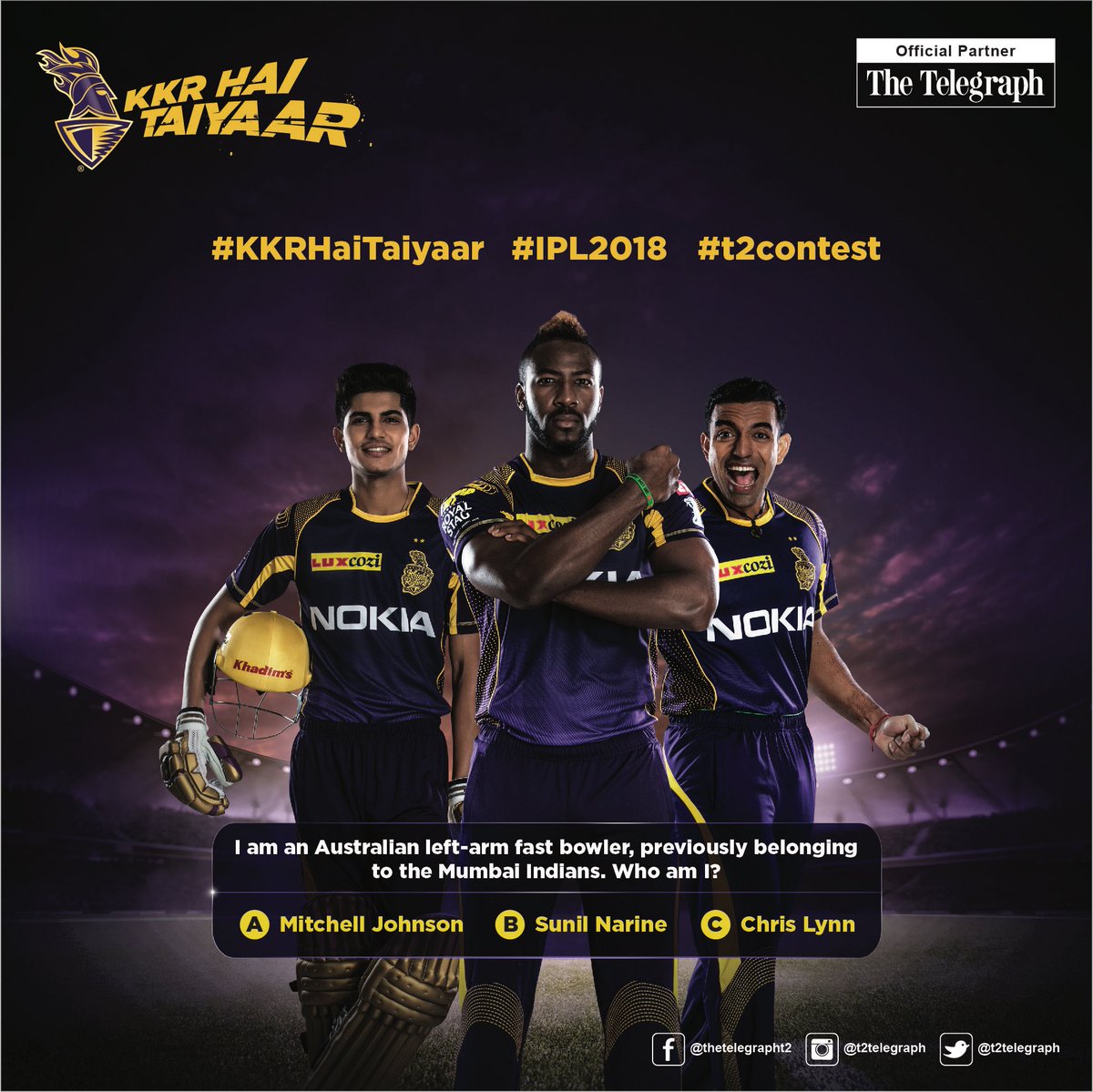t2telegraph's tweet photo. Answer this question &amp; you could win two tickets for the @KKRiders vs  Kings XI Punjab game at Eden Gardens on April 21! #t2contest #KKRHaiTaiyaar #IPL2018 https://t.co/KrV5XNP17n