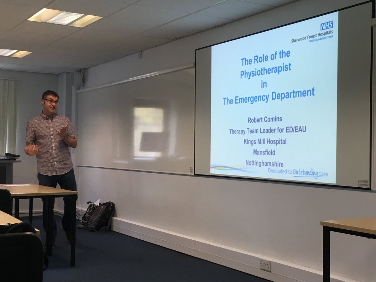 SHUPTplacements's tweet photo. Robert Comins of @SFHFT discussing his role as ED Therapy Team Leader. Interesting discussion of the benefits and drawbacks of more generic roles in practice and in AHP student supervision #SHUphysiotherapy #OT https://t.co/xkZvEQ45qx