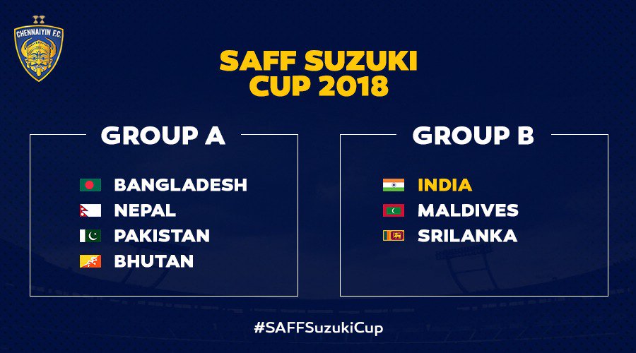 ChennaiyinFC's tweet photo. The #SAFFSuzukiCup draw is out! 

India will face Maldives and Sri Lanka in Group B.

#BackTheBlue https://t.co/jgqyASYL5O
