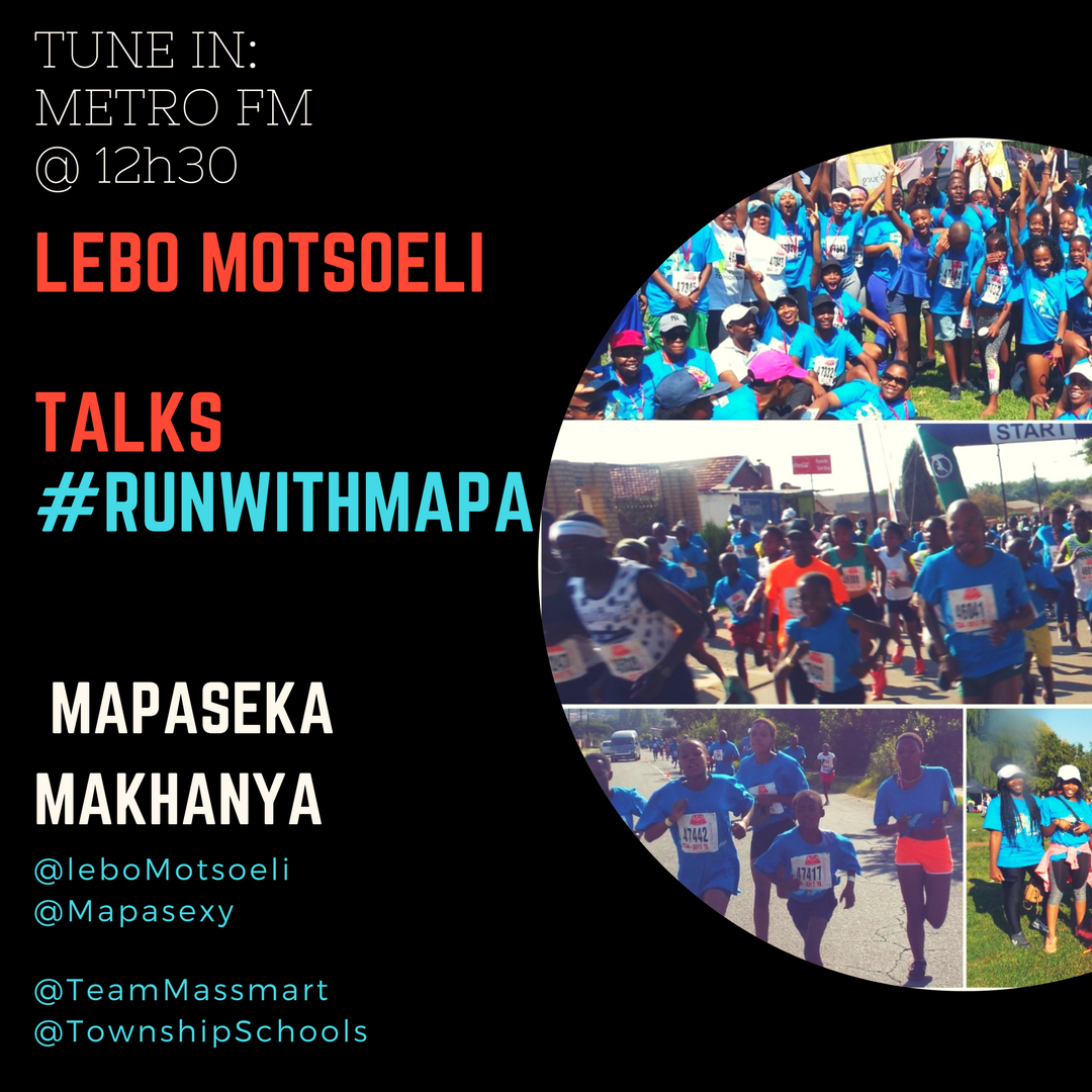 townshipschools's tweet photo. Tune in to @METROFMSA at 12h30 and listen to @LeboMotsoeli talk #RunWithMapa a community development Race Series that encourages #HealthyLifestyle choices.

An initiative by @TeamMassmart Runner @Mapasexy also encourages @townshipschools children to take up running early in life. https://t.co/Isw3JfoTxW