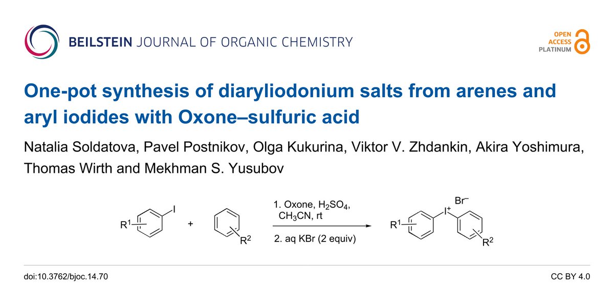 BeilsteinInst's tweet image. One-pot synthesis of diaryliodonium salts from arenes and aryl iodides with #Oxone–sulfuric acid. Download the full text in the Beilstein J #OrgChem at tinyurl.com/y7n8obsu