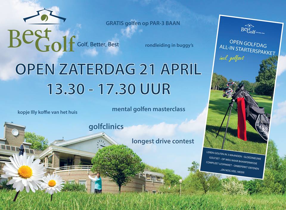 Aanstaande zaterdag 21 april is het van 13.30 - 17.30 uur open dag bij <a href="/Best__Golf/">Best Golf</a>. Wij staan om 14.00, 15.00 en 16.00 uur klaar om u kennis te laten maken met de golfsport. Aan de slag met putten, pitchen en chippen. Hopelijk tot dan!