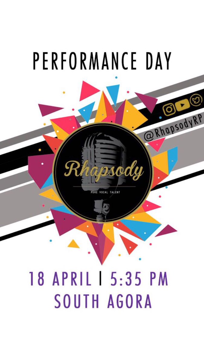 RhapsodyRP's tweet photo. It’s day 2 of CCA Fiesta 2018 and we have even more exciting stuff coming you’re way! Catch our very own all boy A Cappella group performing at the South Agora stage at 5.35pm today! Be sure to take videos and pictures and tag us! See you there! https://t.co/Ee11hlXlYS