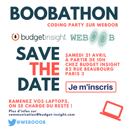 Powens_eu's tweet photo. 📢 [J-3] Le Boobathon débarque à Paris ! Vous faites quoi le samedi 21 avril ? Vous êtes dans nos locaux pour un #hackathon spécial #Weboob #Code. Inscrivez-vous avant qu’il ne soit trop tard 👉 https://t.co/IdZ14vpC7x https://t.co/EwBXMbMaeU
