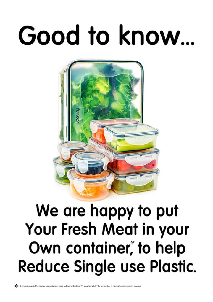 We are happy to put your fresh meat in your own container- helping to reduce single-use plastic! #gogreen #makeadifference #saynotoplastic #bruton