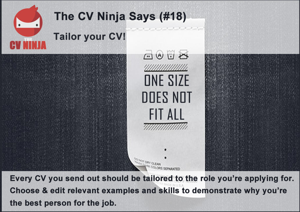 YourCVNinja's tweet photo. The CV Ninja says #18: Tailor your CV! https://t.co/qRqqnWEq17 #CV #ResumeTips #CVTips #TheCVNinja #CVHacks #Careers https://t.co/Exm9XJk2Q3