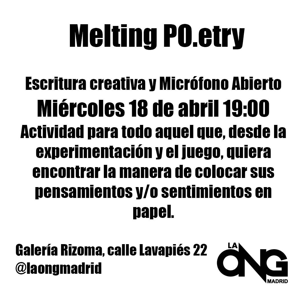 laongmadrid's tweet photo. Escritura creativa / micrófono abierto nos vemos hoy en @Rizoma_galeria  #textos #libros #versos #accionpoetica #escritos #reflexiones #poesia #poesiaenlavapies #lavapiescultura #lavapies #rizomagaleria #nelsongarrido #meltingpoetry #arteenmadrid  #laong @GanasdeLavapies https://t.co/PZeMQQzxw5