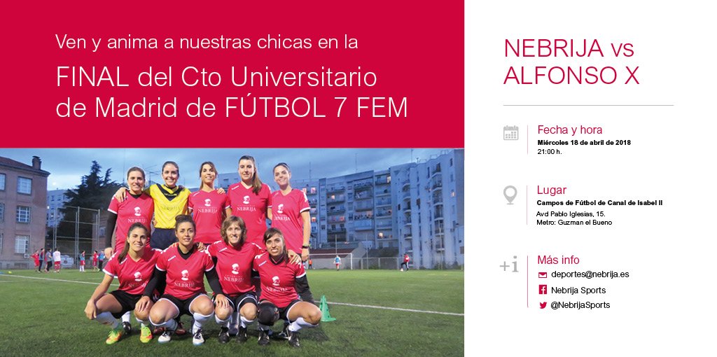 NebrijaSports's tweet photo. Contamos contigo esta noche... VAMOS @Nebrija !! Final Cto Universitario de Madrid de FÚTBOL 7 FEM. 21:00 Campos de Fútbol de Canal https://t.co/ziMcbUSexF